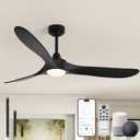 52 inch Outdoor Ceiling Fans with Lights,Smart Wood Ceiling Fan for Alexa,Google & APP Control,Indoor/Outdoor,3 Blades,3CCT Dimmable,Black Walnut,Downrod Mount for Patio Porch