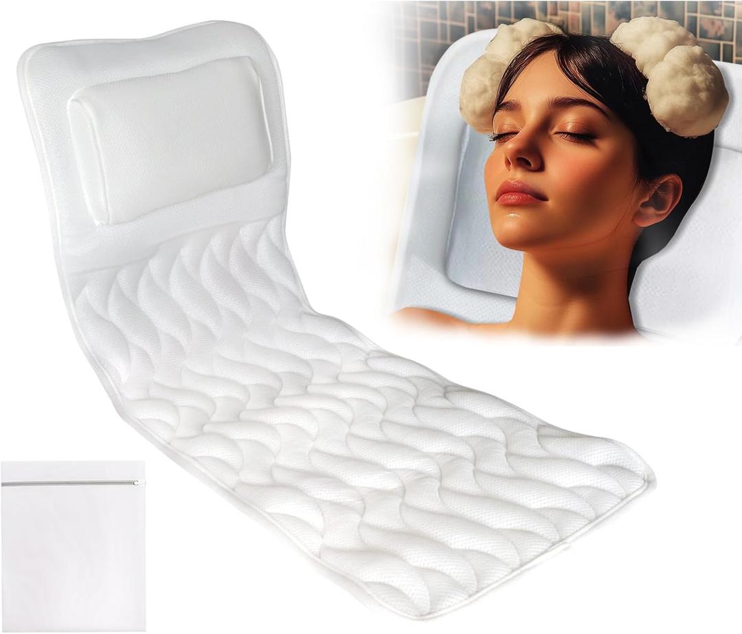 EMMTEEY Full Body Bath Pillow for Tub,Bathtub Pillow for Head and Neck Support, Soft Tub Pillow for Comfort, Non-Slip Bath Cushion for Women, Men and Seniors Bath Accessories (White, White)