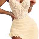 Sexy Corset Bodycon Ruffle Sheer Underwire Mesh Lace Floral Outfits Babydoll Lingerie Set Dress with Thong 2 Piece (Beige) XL