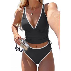 ZAFUL Women's Tankini Swimsuits Tummy Control Two Piece Bathing Suits | High Waisted, V Neck, Removable Soft Cups, Adjustable Straps, High Rise, Modest Swim Suit For Beach Vacation Pool (Black, L)