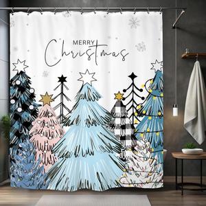 Merry Christmas Abstract Tree Shower Curtain 60Wx72L Buffalo Check Plaid Xmas Winter New Year Holiday Snowflake Pink Blue Bathroom Set Accessories Decor with 12 Pack Hooks