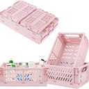 Plastic Baskets for Desk Organizing, Drawer Organizer, 2 Medium+2 Small Durable Folding Storage Crate for Home Kitchen Classroom Office Bedroom and Bathroom (Pink)