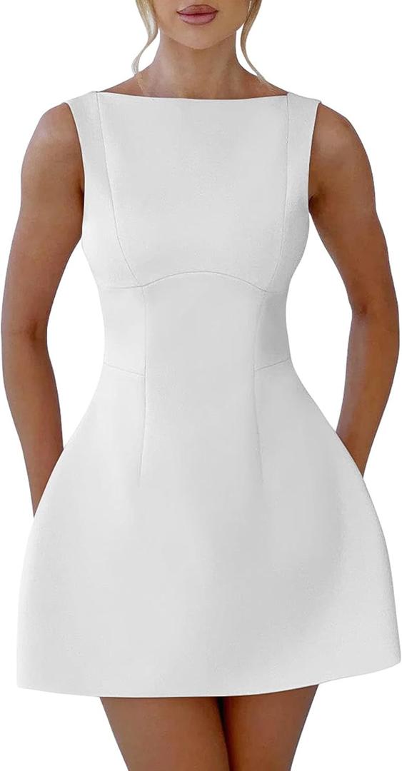 YMDUCH Women's Sexy Sleeveless Crew Neck Backless A-line Party Short Mini Dress, Medium