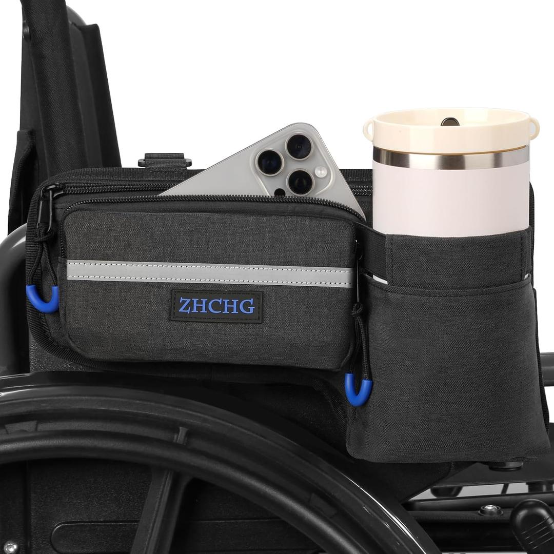 Upgraded Wheelchair Side Bag with Cup Holder, Wheelchair Armrest Pouch for Walker, Wheelchair Accessories Storage Bag (Black)