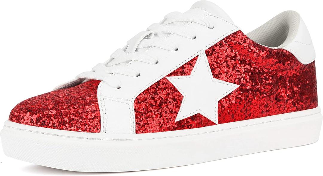 PARTY Women's Fashion Sneaker Lace Up Low Top Comfortable Cushioned Walking Shoes (8, Red Glitter)