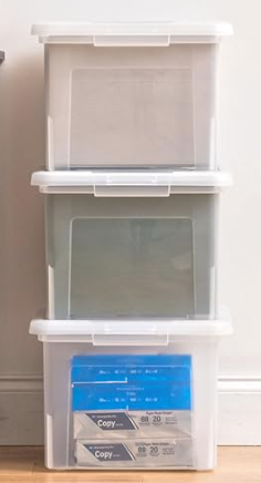 IRIS USA File Box, Plastic File Organizer with Lids for Letter/Legal File, Portable Document Box For Moving, Storage Bin with Durable and Secure Lid, Stackable Nestable BPA-Free, Clear 35 Qt. 4 Pack