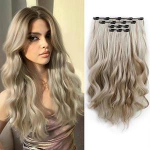 4PCS Clip ins Curled Fake Wavy Natural Hair Extensions for Women 22 Inch Synthetic Fiber Hairpieces Soft Clips on Extension for Daily Party Wear Dirty Blonde Mix Bleach Blonde