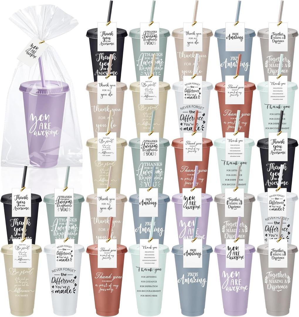 Skylety Valentine Employee Appreciation Gift Bulk 24 oz Plastic Tumbler Cup with Lids Straws Thank You Cups Bulk for Coworker Team Teacher Nurse(Awesome,Bright Colors)