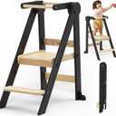 Foldable Toddler Kitchen Stool Helper, Toddler Standing Tower with 3 Adjustable Heights, Collapsible Wooden Step Stool for Kitchen & Bathroom, Montessori Learning Helper Tower for Toddlers Aged 1-6