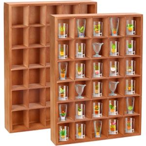 2 Pcs Shot Glass Display Case, Brown Wooden Shot Glass Shelf with Removable Shelves, Wall Mounted Shadow Box Thimble Display Case, 30 Slots