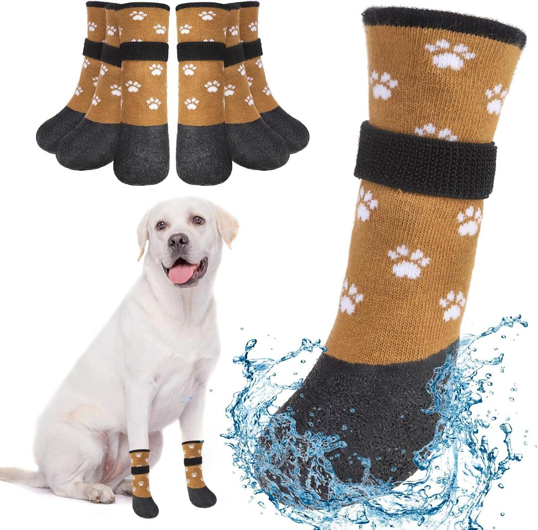 BEAUTYZOO Dog Boots for Large Dogs, Dog Boots & Paw Protectors for Winter Snowy Day Summer Hot Pavement, Waterproof Dog Booties for Hardwood Floors, 6 PCS Grip Socks Shoes for Dogs, Khaki L