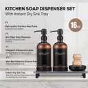 Kitchen Soap Dispenser Set with Instant Dry Tray,16 Oz Hand and Dish Soap Amber Glass Dispenser Set,Stainless Steel Pump,Waterproof Labels&Dish Brush,Luxury Soap Bottle for Kitchen,Bathroom