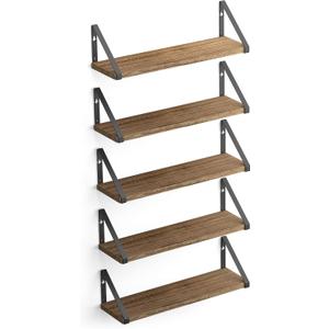 Wallniture Ponza Wood Floating Shelves for Wall Storage, Natural Burned Small Bookshelf Set of 5