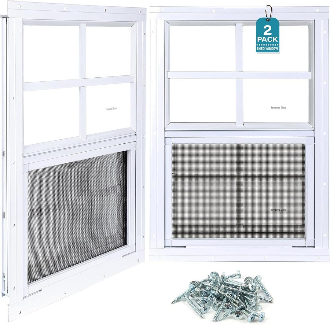 Melkus 2 Pack Shed Windows, 18"x36" Flush Mount Household Windows with Thicker Tempered Glass and Fiberglass Screen, Sliding Windows for Chicken Coop, Shed, Garage, Playhouse, Barn,Greenhouse, White, 18"x36"/2pcs