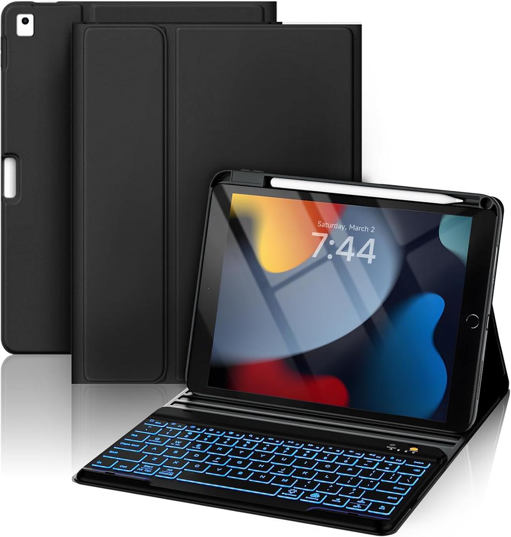 OYEEICE for iPad 9th Generation Case with Keyboard 10.2'' - 7 Color Backlit Wireless Keyboard Cover with Pencil Holder for iPad 9th/8th/7th Gen 10.2 inch, iPad Air 3rd Gen & iPad Pro 10.5" - Black (Classic Style A)