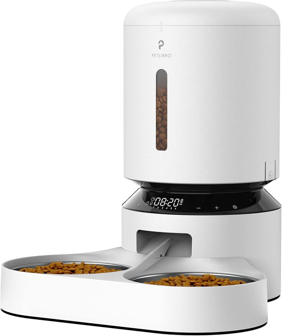 PETLIBRO Automatic Cat Food Dispenser for 2 Pets 5L Auto Dog Feeder Dry Food Dispenser with Splitter & 2 Stainless Bowls, 10s Meal Call and Timer Setting 50 Portions 6 Meals Per Day, Dual Tray Feeder (White)