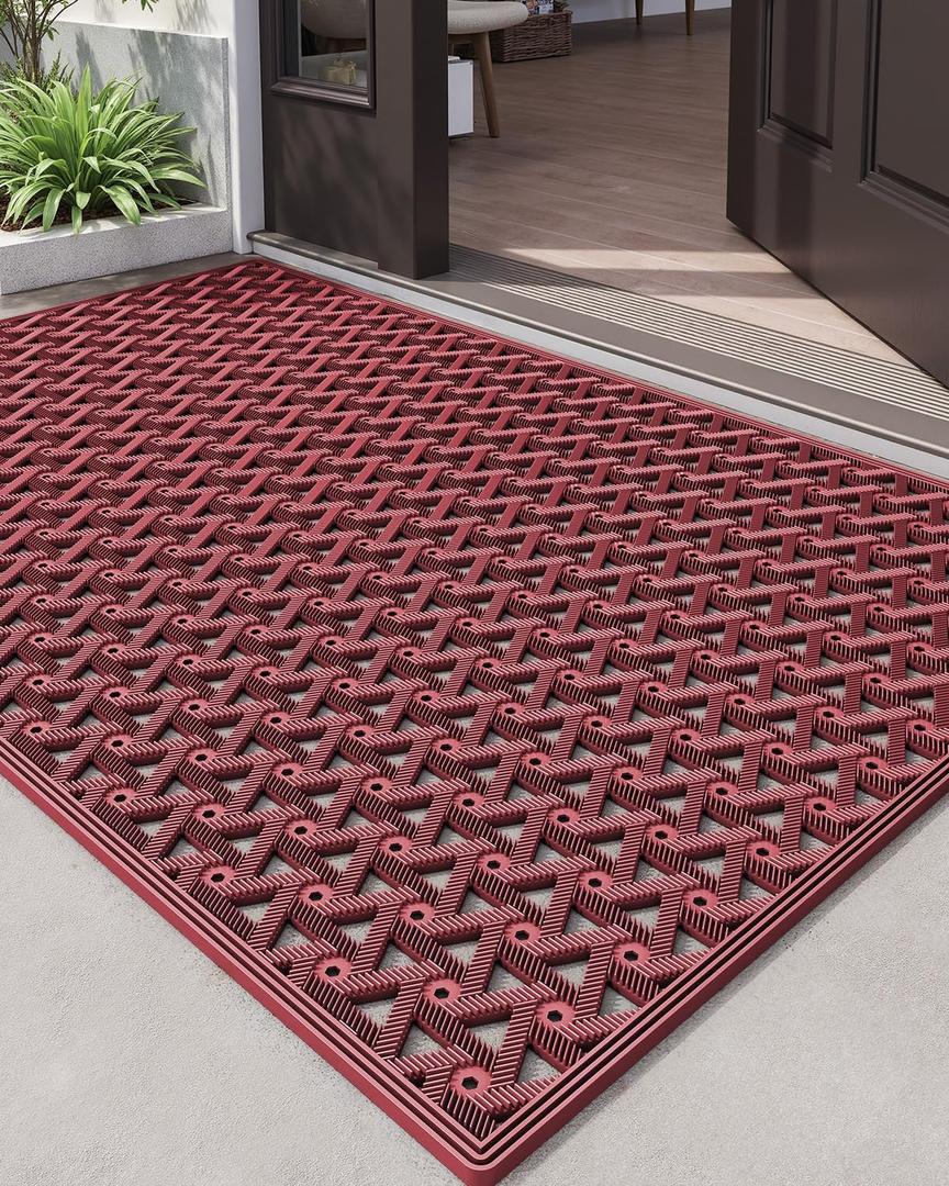 DEXI Front Door Mat Outside Entrance Rubber Floor Doormat, 32x48 Red
