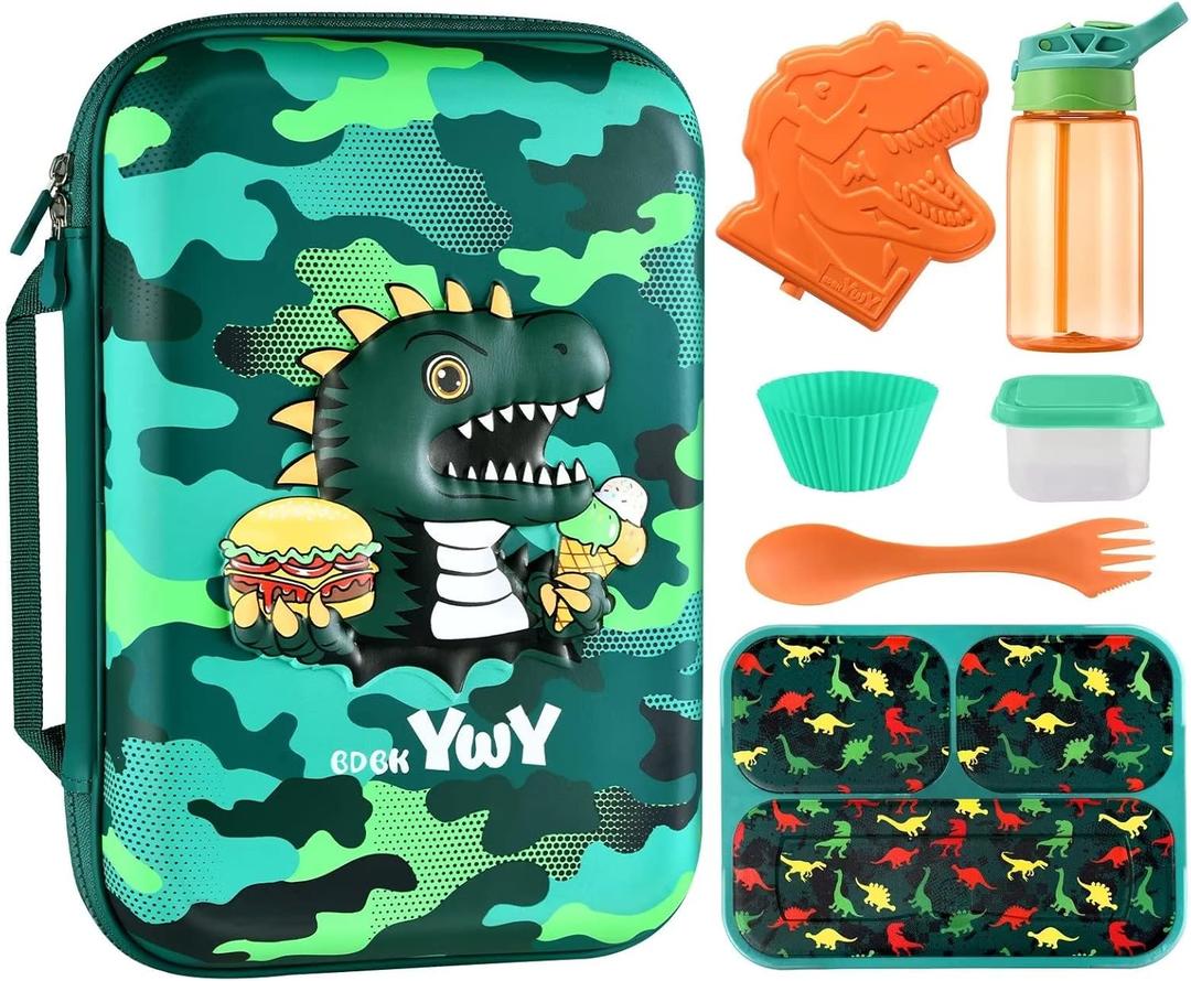 Kids Lunch Box Bag Set - 3D Dinosaur Lunch Bags for Boy with Containers Reusable Complete Lunch Kit Included 3-Compartment Lunchbox Leakproof Insulated Lunchbag Sets for Toddler School Lunch Supplies