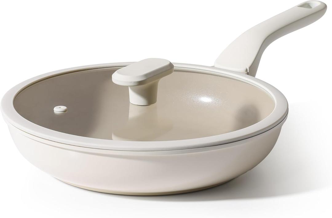 PRICUSIS Nonstick Ceramic Frying Pan with Lid, 8/10 Inch Skillet with Stay Cool Handle, Fully Coated, 100% Dishwasher Safe, Oven Safe, PTFE PFAS & PFOA Free (8 Inch, Coconut White