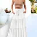 HAEOF Women's Summer Boho Elastic High Waist Maxi Skirt A-Line Flowy Swing Ruffle Tiered Long Beach Skirts with Pockets(White, XS)