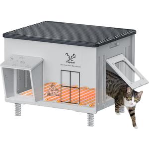 Large Indestructible Heated Cat House for Outside - Extremely Waterproof & Weatherproof Heated Outdoor Cat House with Escape Door for Winter, Insulated Feral Cat Shelter for Barns Strays 22x17x17.5 in