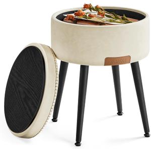 VASAGLE EKHO Collection - Storage Ottoman, Vanity Chair Stool, Synthetic Leather with Stitching, Mid-Century Modern, Round Storage Seat with Steel Legs, Loads 330 lb, Cream White ULOM005W01