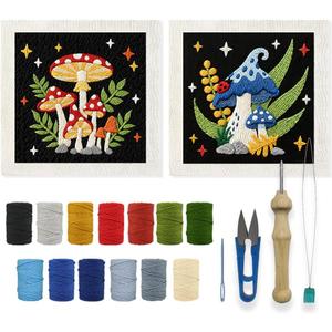 INFUNLY 2PCS Mushroom Punch Needle Kit for Beginners Art Night Mushroom DIY Punch Needle Embroidery Starter Kit Handcraft Needlepoint Set with Plant Pattern Instruction for Festival Gift Home Decor