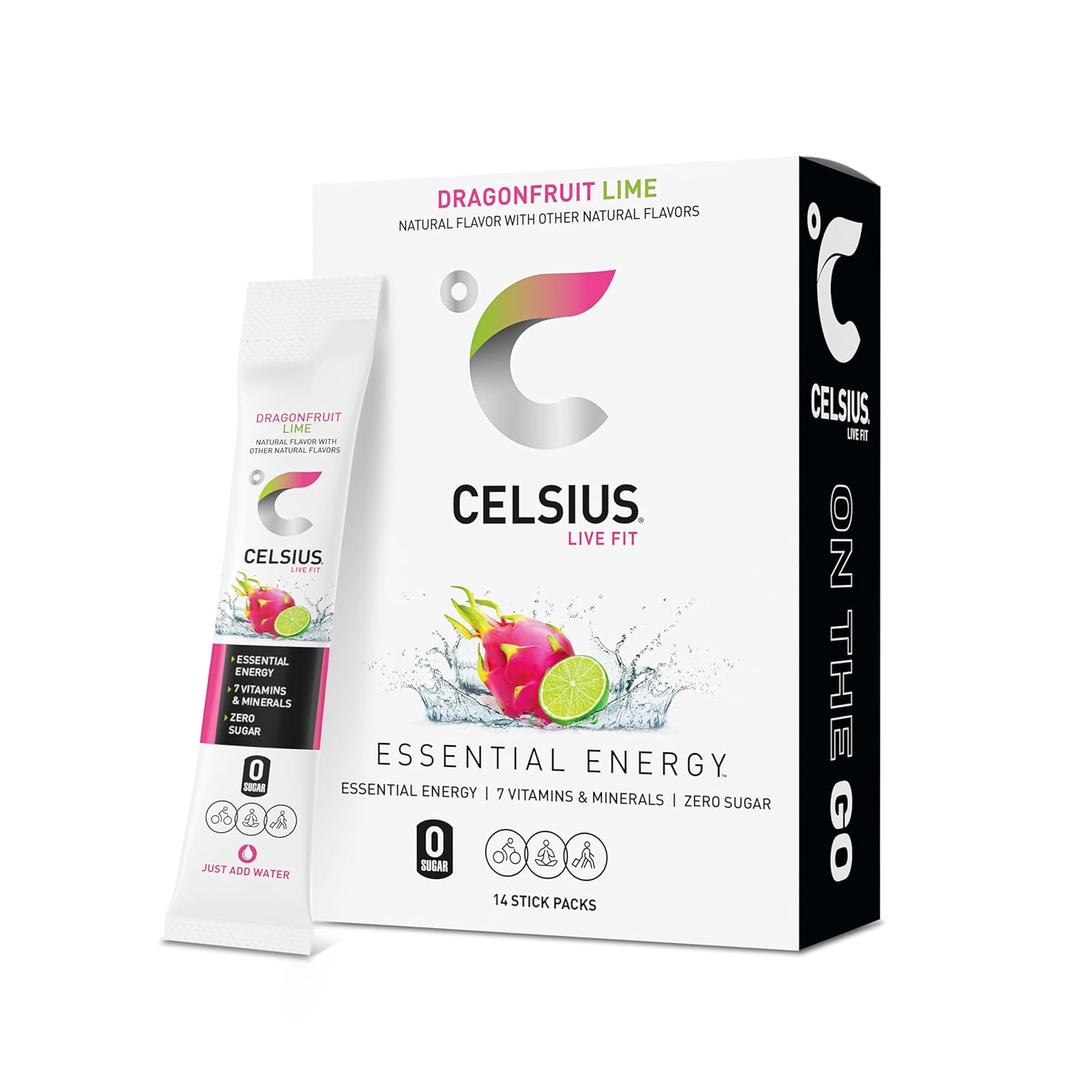 CELSIUS On-the-Go Powder Sticks Dragonfruit Lime, Essential Energy 2.8 Oz (14 Sticks per Pack)
