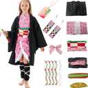Women Kimono Costume Girls Kamado Cosplay Costumes Cloak Outfits Set Halloween Pink Uniform with Accessories (Kids 130)