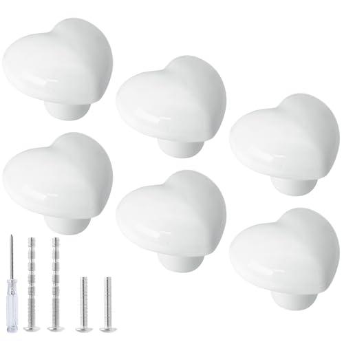 Qjaiune 6pcs Ceramic Cabinet Drawer Knobs, White Heart Shaped Dresser Knobs, Cute Vanity Pull Handles for Kids, Girls, Children's Bedroom