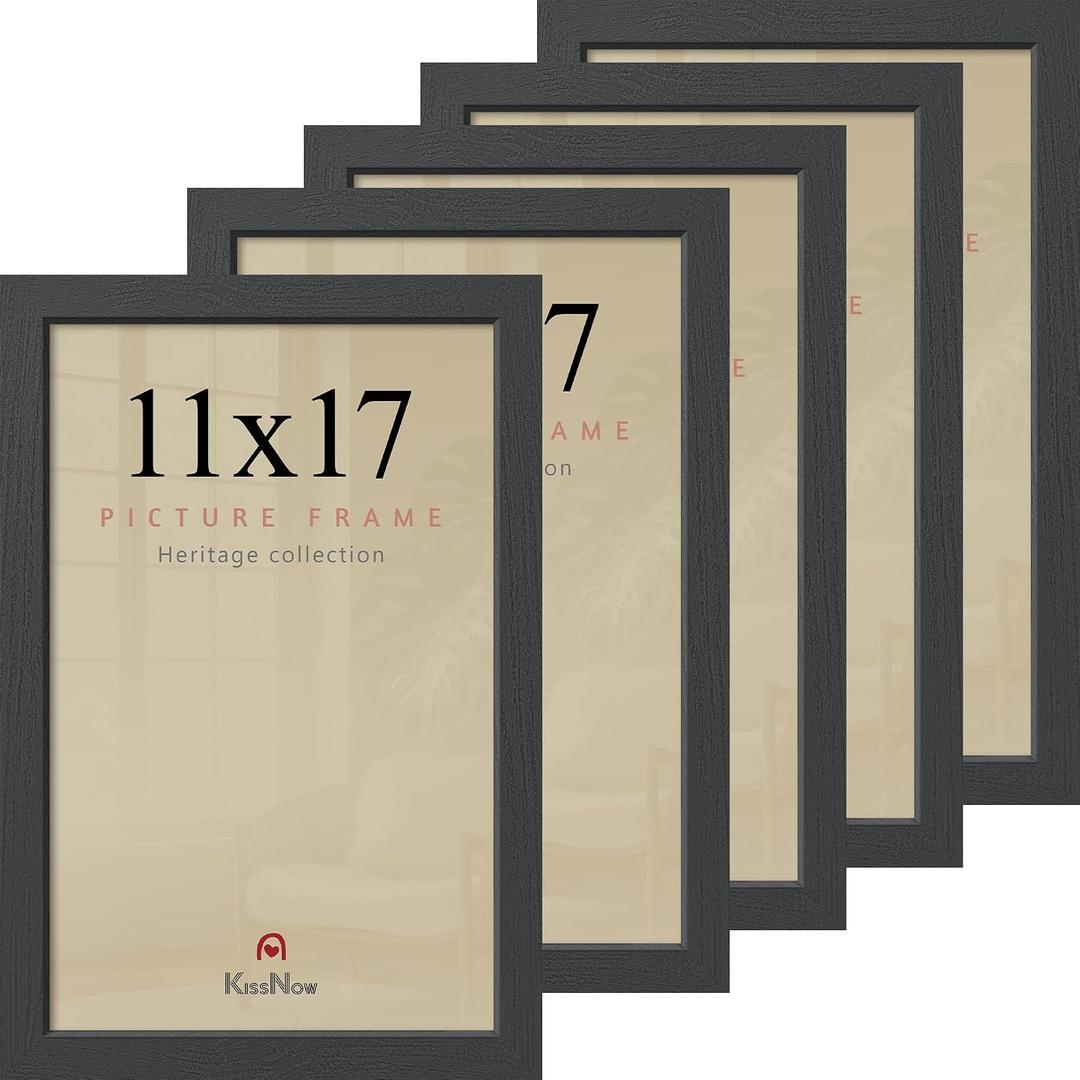 11x17 Picture Frame 5 Pack, Black Solid Wood Poster Frame for Wall