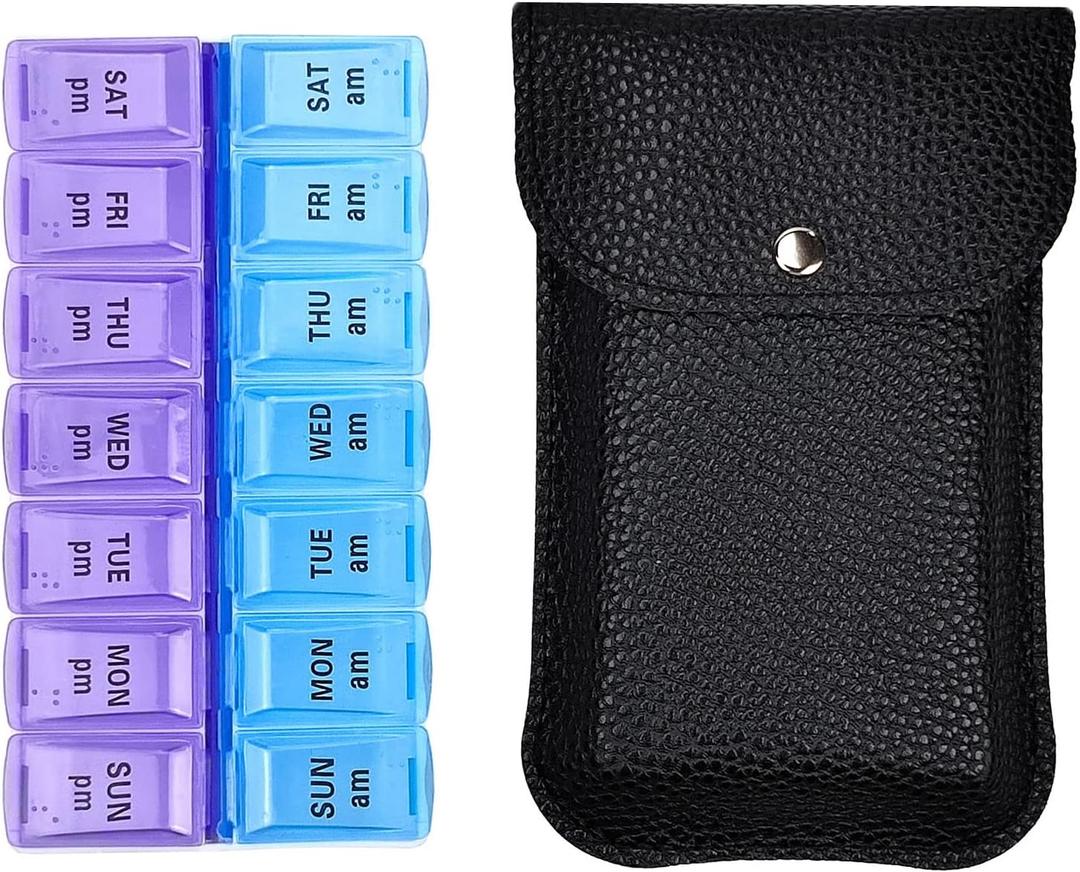 VOFOON Travel Pill Organizer 2 Times a Day, Large AM PM Pill Organizer 7 Day, PU Leather Daily Pill Box Case, Weekly Pill Medicine Organizer for Vitamins Medicine Fish Oils Supplements (L Size)