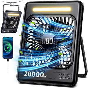 20000mAh Battery Powered Fan, Max 60H Runtime, Ultra-Slim Travel Fan, 5 Speeds Portable Rechargeable Fan with LED Lantern, 2/4/6/8 Timer Personal Camping Fan for Cruise Fishing Ship Tent Office Home, Mini