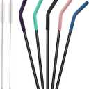 Senneny Set of 5 Stainless Steel Straws with Silicone Flex Tips Elbows Cover, 2 Cleaning Brushes and 1 Portable Bag Included (Silver) 8mm diameter