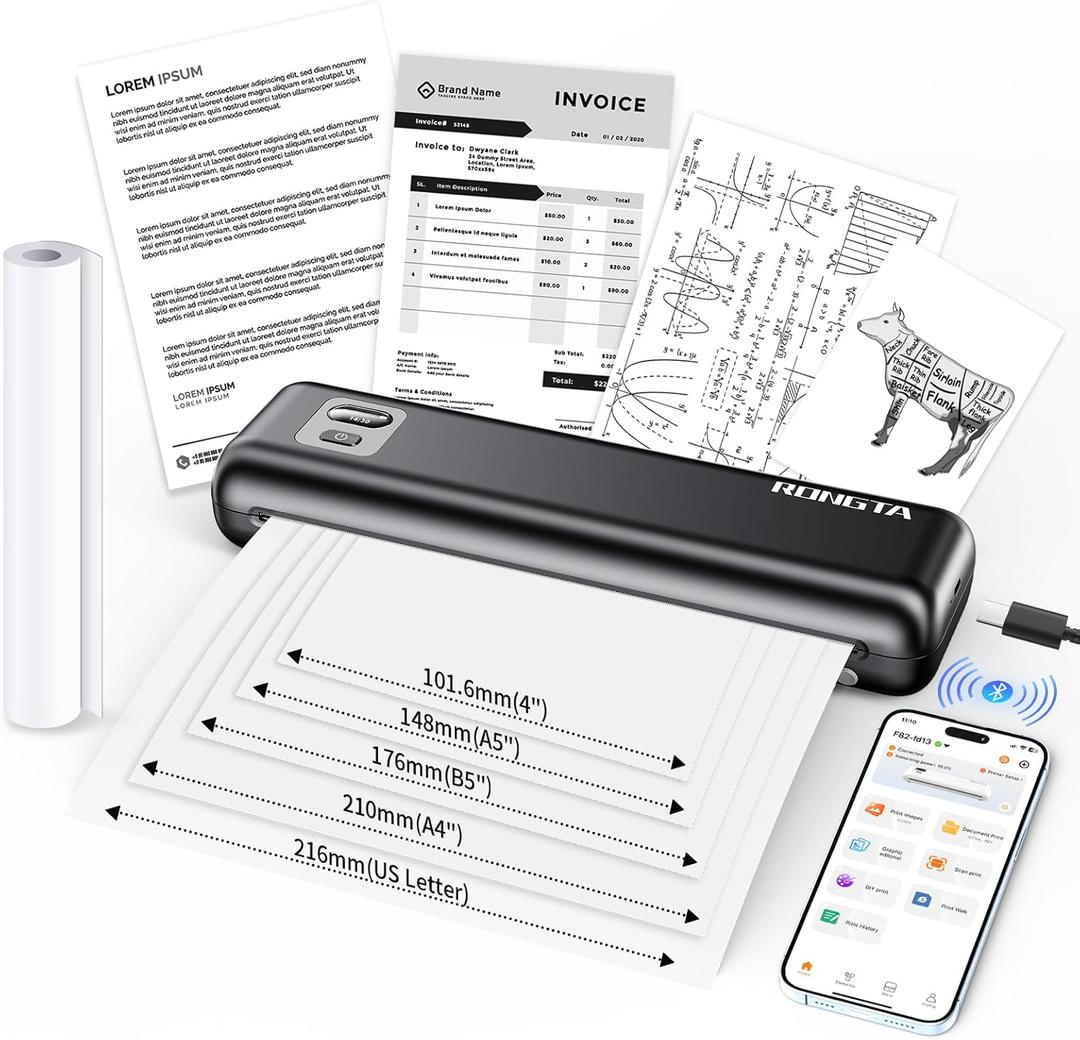 Rongta Portable Printer Wireless for Travel, Thermal Inkless Printers for 8.5"*11" US Letter, Compatible with Android iOS Smartphone, Mac Windows Laptop (Black, 1 Printer + 1 Roll Thermal Paper)