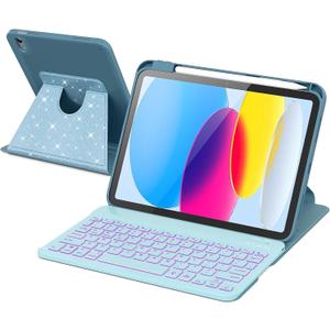 RAYMCRAFT for iPad 11th(A16, 2025)/10th Generation Case with Keyboard, 360 Rotatable Case & Detachable Backlit Keyboard, Precision Cutouts and Pen Holder for iPad A16 11''/10th 10.9'', Sparkling Blue