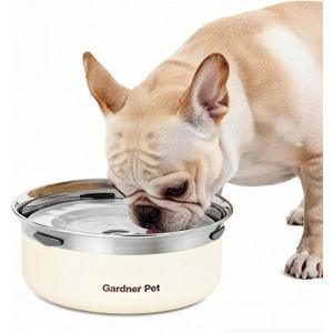Gardner Pet Slow Water Bowl for Dogs, 2L/68oz Spill-Proof Pet Water Bowl with Floating Disk, Stainless Steel No-Spill Water Dispenser for Medium Pets (White)
