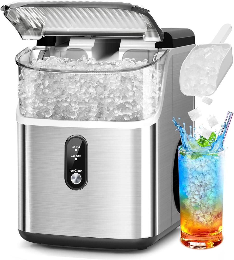 Countertop Nugget Ice Maker Pro - 34lbs/24H, Self-Cleaning Pellet Ice Machine with Soft Chewable Ice, One-Touch Operation for Home, Kitchen, Office (Silver)
