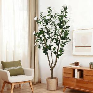 6.6ft Tall Camellia Artificial Tree, Handmade Faux Floral Camellia Tree, Pink White Blooming Flowers & Green Leaves, Artificial Plants for Home Front Door Decor Indoor Outdoor Party Wedding