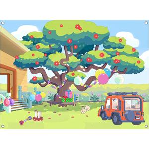 7x5FT Cartoon Dog Garden Tree Backdrop, Blue Sky Ballon Birthday Polyester Photography Background for Parties, Happy Birthday Photo Booth Prop Decorations