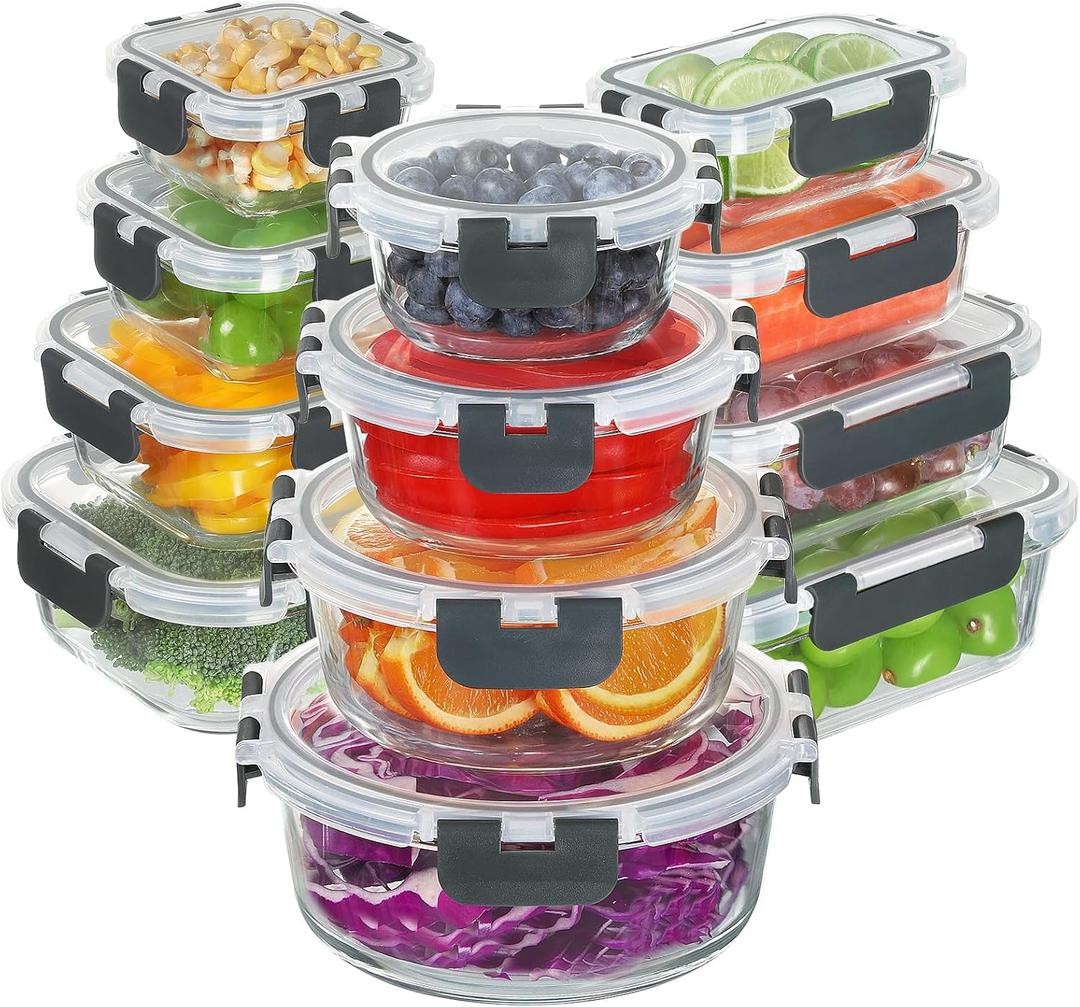BAYZZ 24 Piece Glass Food Storage Containers with Lids, Airtight Glass Meal Prep Containers for Kitchen, BPA-Free Lunch Box, Microwave and Freezer Safe (Gray)