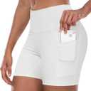 CHRLEISURE Womens Biker Yoga Shorts with Pocket, High Waisted Tummy Control 5 Inch Workout Spandex Athletic Gym Shorts(White, L)