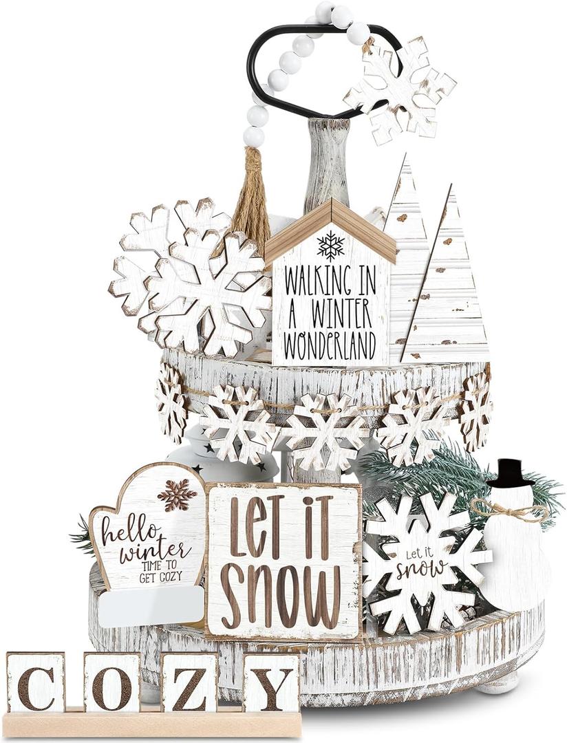 GlikCeil 19 Pcs Winter Tiered Tray Decor Snowflakes Wood Rustic Decoration Tiered Sign Table Centerpieces Without Tray for Tabletop Shelf Winter Xmas Home Party Gifts(Rustic)
