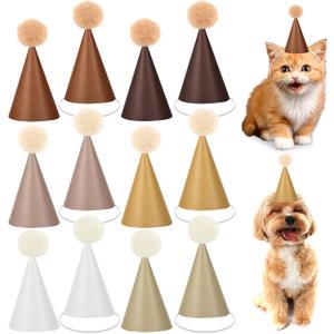 Lonfliness 48Pcs Mini Brown Birthday Party Hats for Stuffed Animals 3Inch Adjustable Cone Caps with DIY Pom Poms Brown Mini Party Hats Pets Dolls Kids Small Boho Birthday Decorations Kit for Holidays