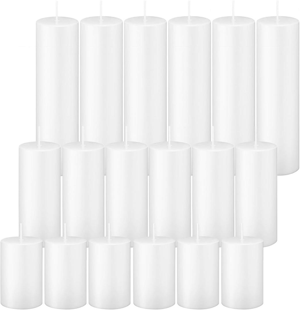 White Pillar Candles Bulk Set of 18Hurricane Candles3 Different Lengths 2 x 3/6/8 Inch (6 Each)Dripless Unscented SmokelessGives You a Better Atmosphere When Organizing an Event Party.
