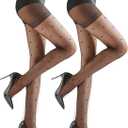 2 Pairs Black Patterned Tights for Women, Sheer Nylon Stockings with Back Seam, Polka Dots, Hearts, Size XL