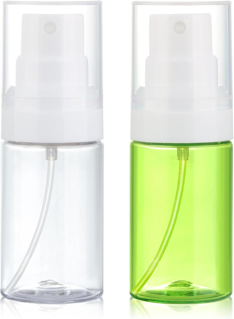 Travel Spray Bottles 2 Pack 1.35oz Small Fine Mist Spray Bottles, Portable Refillable Plastic Travel Bottle Set for Toners, Perfume, Rose Water (Clear+Green)