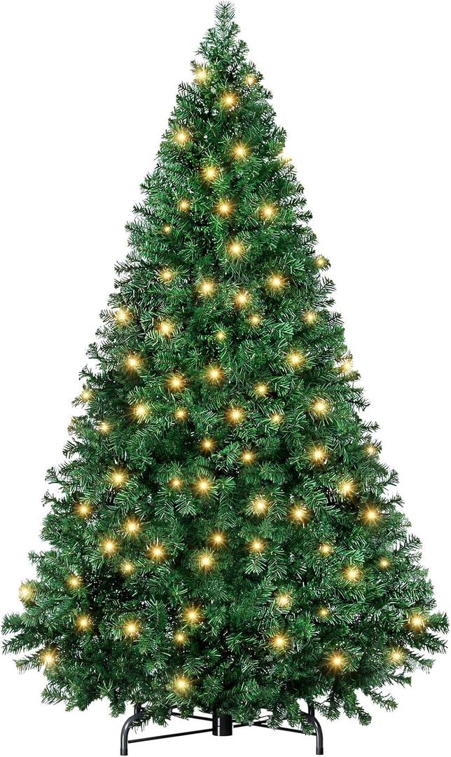 Sweetcrispy 6ft Pre-lit Artificial Christmas Tree, Prelighted Green Artificial Hinged Spruce Xmas Tree with 700 Branch Tips, 250 Incandescent Lights & Foldable Base for Home, Office, Party