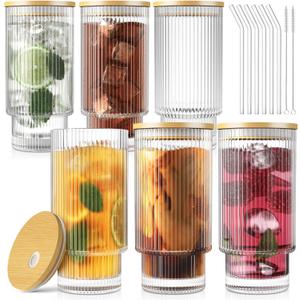 CWHHRN 16Oz Glass Cups, 6Set Glass Tumbler with Straw and Lid, Vintage Glassware for Whiskey Cocktail Beer, Iced Coffee Cups with Lid (6 PACK)