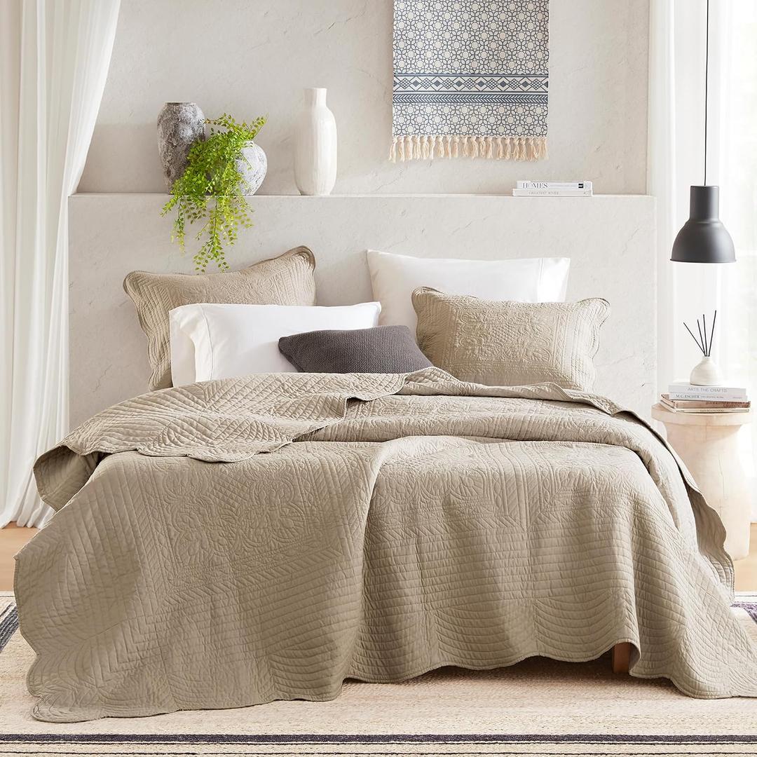 Madison Park King Quilt Set - Damask Coverlet Set for King Size Bed, Cottage Oversized Quilt Set, Scallop Edge, All Season, Pre-washed Cotton-Filled Quilt, Tuscany, Khaki 3 Piece